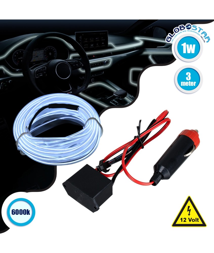 GloboStar® 82200 TUBE 360° Degree Διακοσμητική EL-Wire Neon Αυτοκινήτου Κορδόνι ΣΕΤ 3m 1W-3m 30lm-m 360° DC 12V με Βύσμα Αναπτήρα Αυτοκινήτου Αδιάβροχη IP68 Ψυχρό Λευκό 6000K